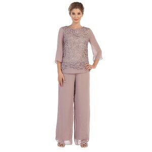 Eva USA Ladies Formal Pant Set-Chiffon & Lace-#3289-SIZE XL-MAUVE-New With Tags